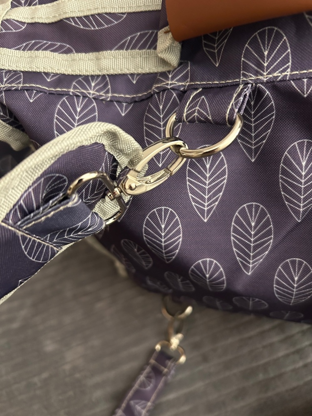 Purple Leaf Print Multi-way Crossbody, Messenger, or Backpack Style Diaper Bag - Picture 3 of 15